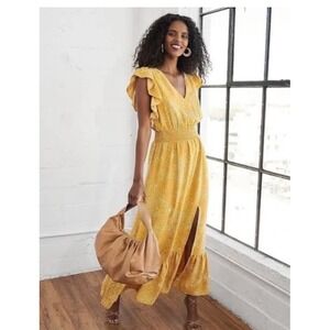 Express Women's Flutter V-Neck Flowy Maxi Dress Mustard Yellow Polka Dot